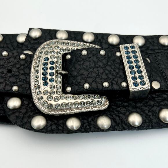 Vintage Leatherock Wide Hip Belt L Black Leather Rhinestone Studded Y2K Rockstar